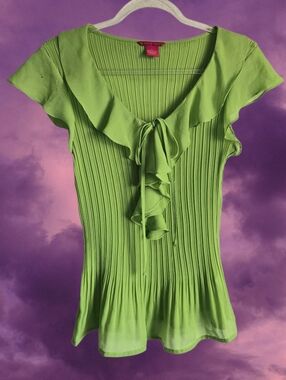 💚Y2K Semisheer Lime Green Pleated / Ribbed Ruffle Blouse💚